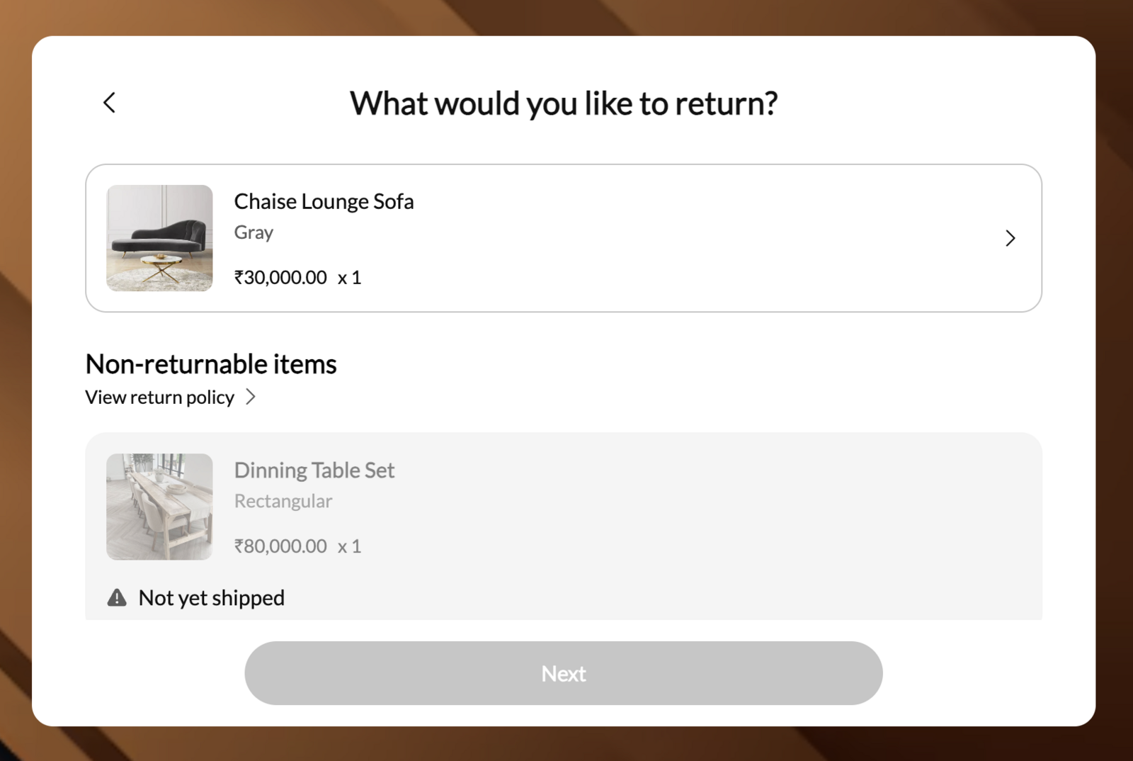 AfterShip Returns self-service portal asking the customer which item to return, with returnable and non-returnable items