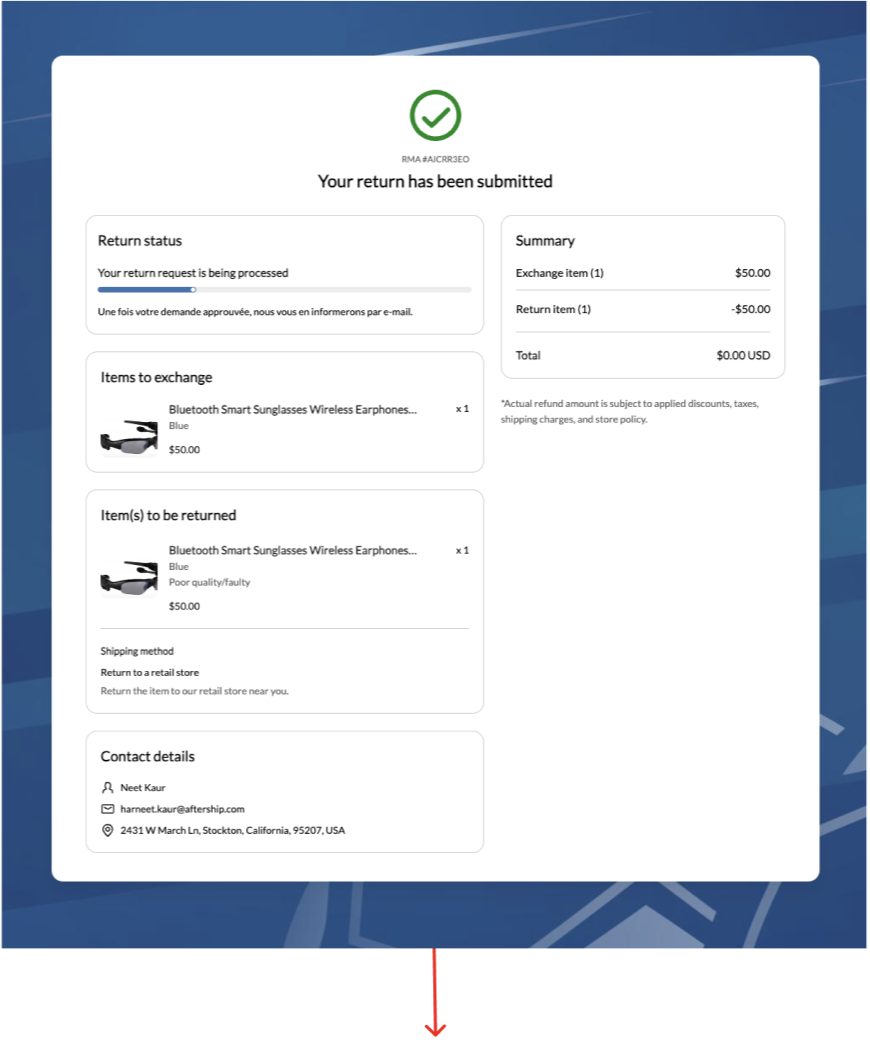AfterShip Returns customer-facing self-service returns portal showing an exchange request, with the exchange and return netting to a $0.00 total (demo data).