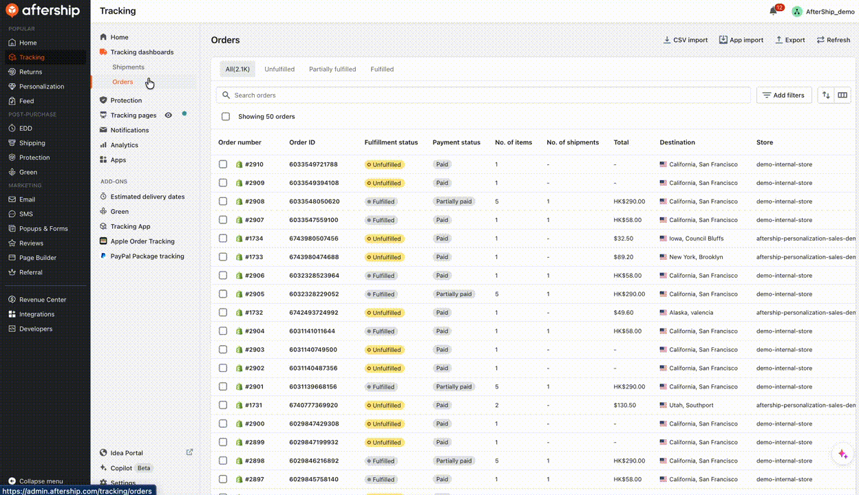 The unified AfterShip console - tracking, returns, shipping, EDD and more managed in one platform (Orders view shown).