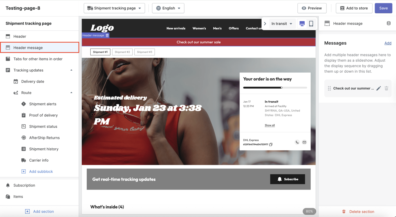 AfterShip branded tracking page with a promotional banner and live delivery updates.