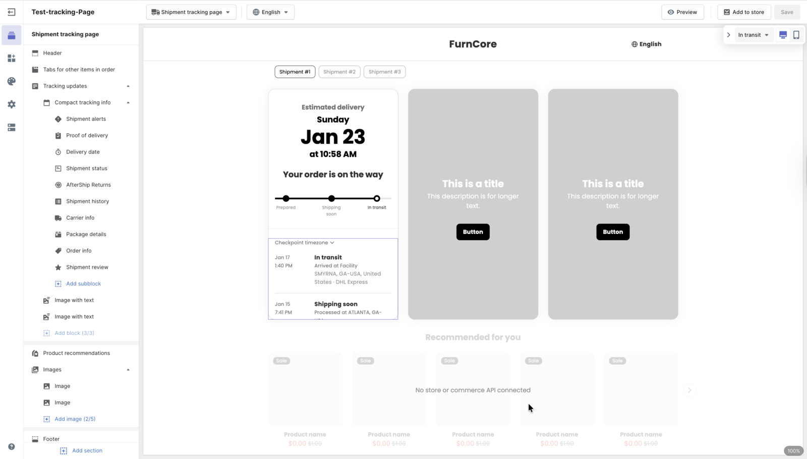 AfterShip Tracking branded self-service tracking page (demo store) showing the estimated delivery date, real-time 'order on the way' status, and checkpoint history.