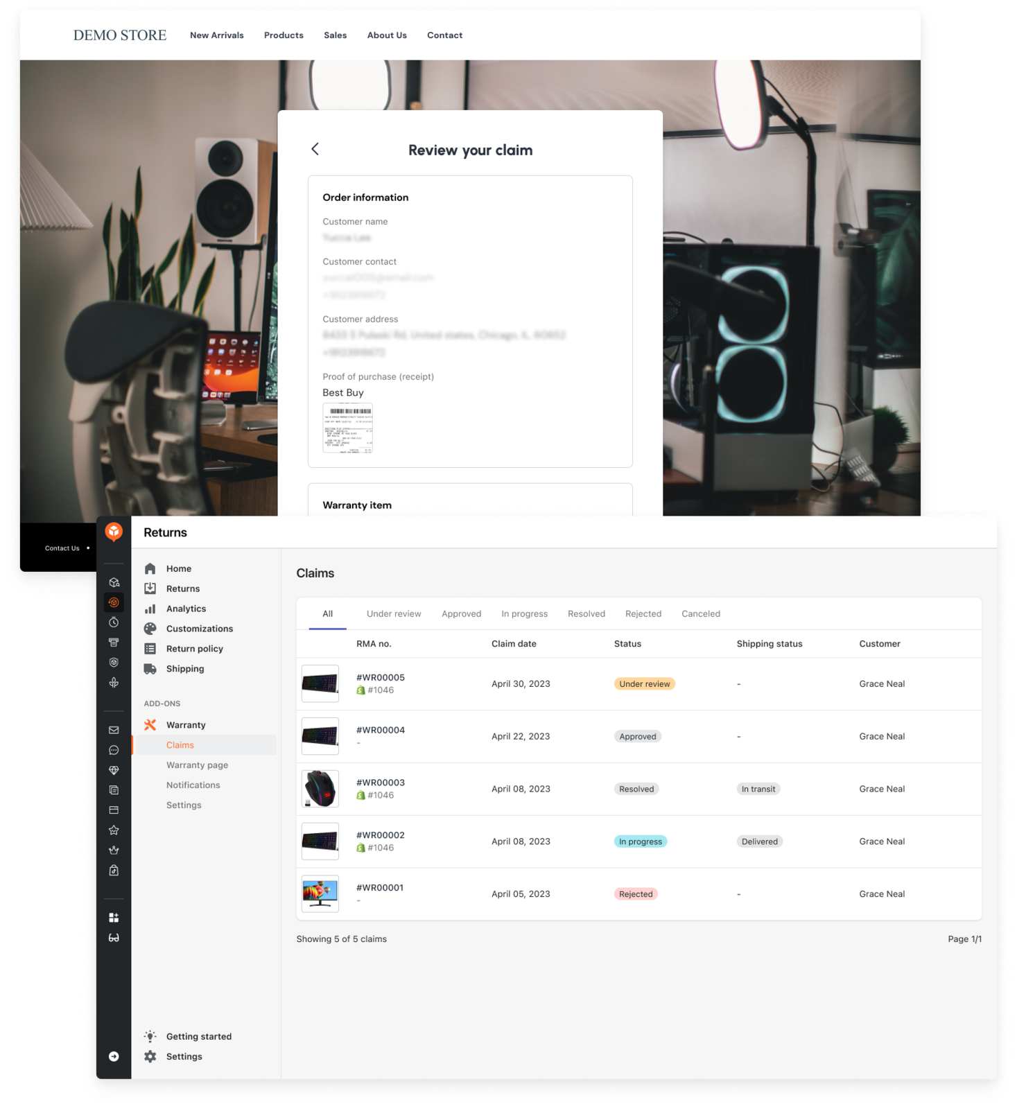 AfterShip Returns warranty claims workspace: a list of warranty claims with statuses beside a customer claim-review panel.