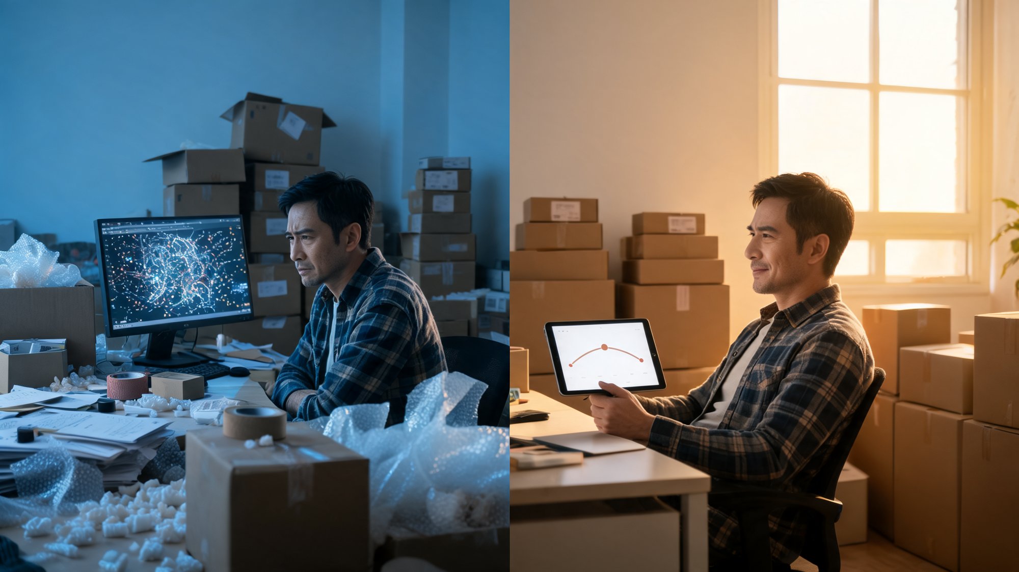 Split scene: a stressed Amazon seller at a cluttered shipping screen next to a relaxed seller reviewing a clean, branded tracking page on a tablet.