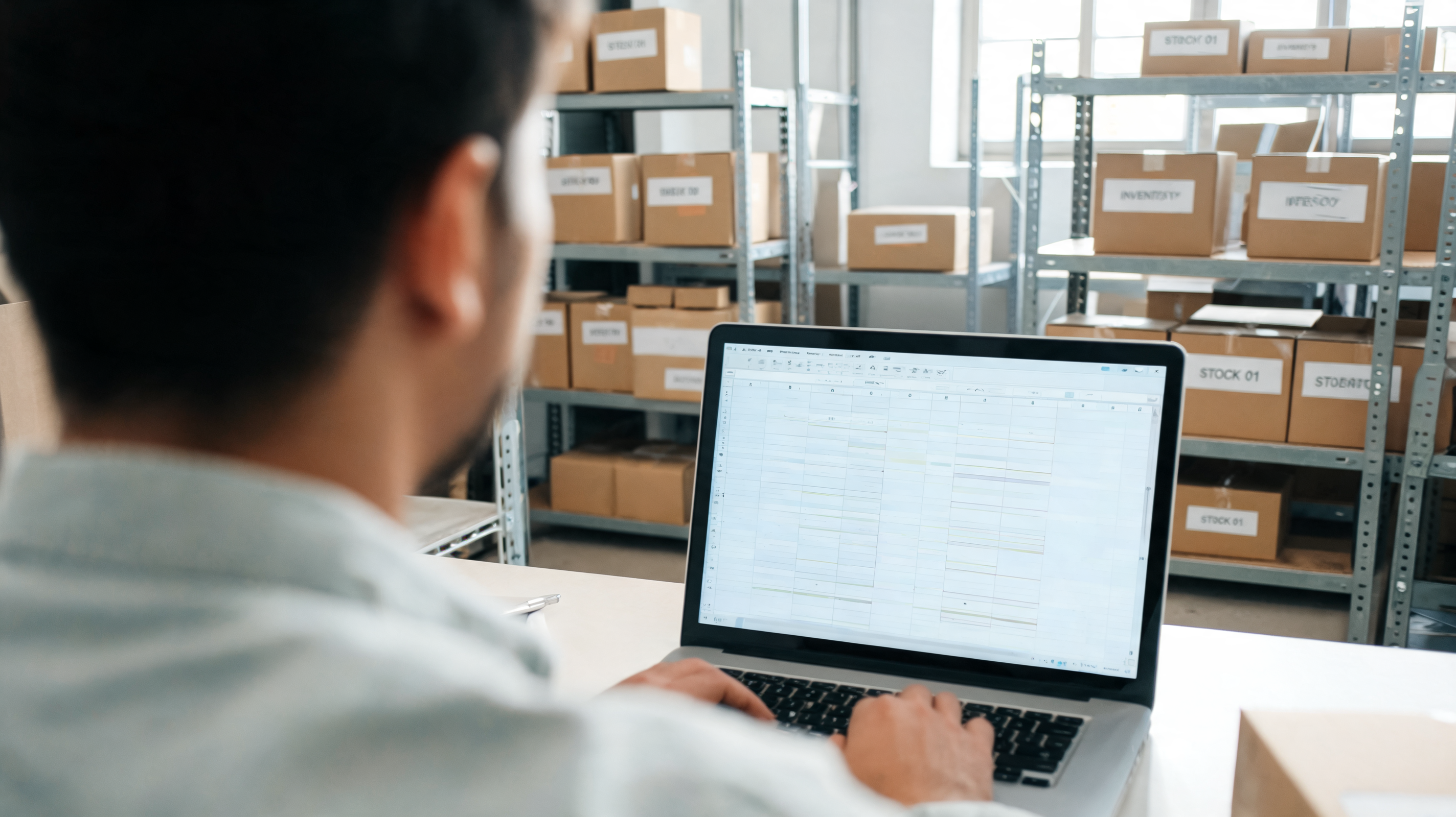 E-commerce founder reviewing shipping costs on a laptop in a tidy stock room surrounded by shipping boxes