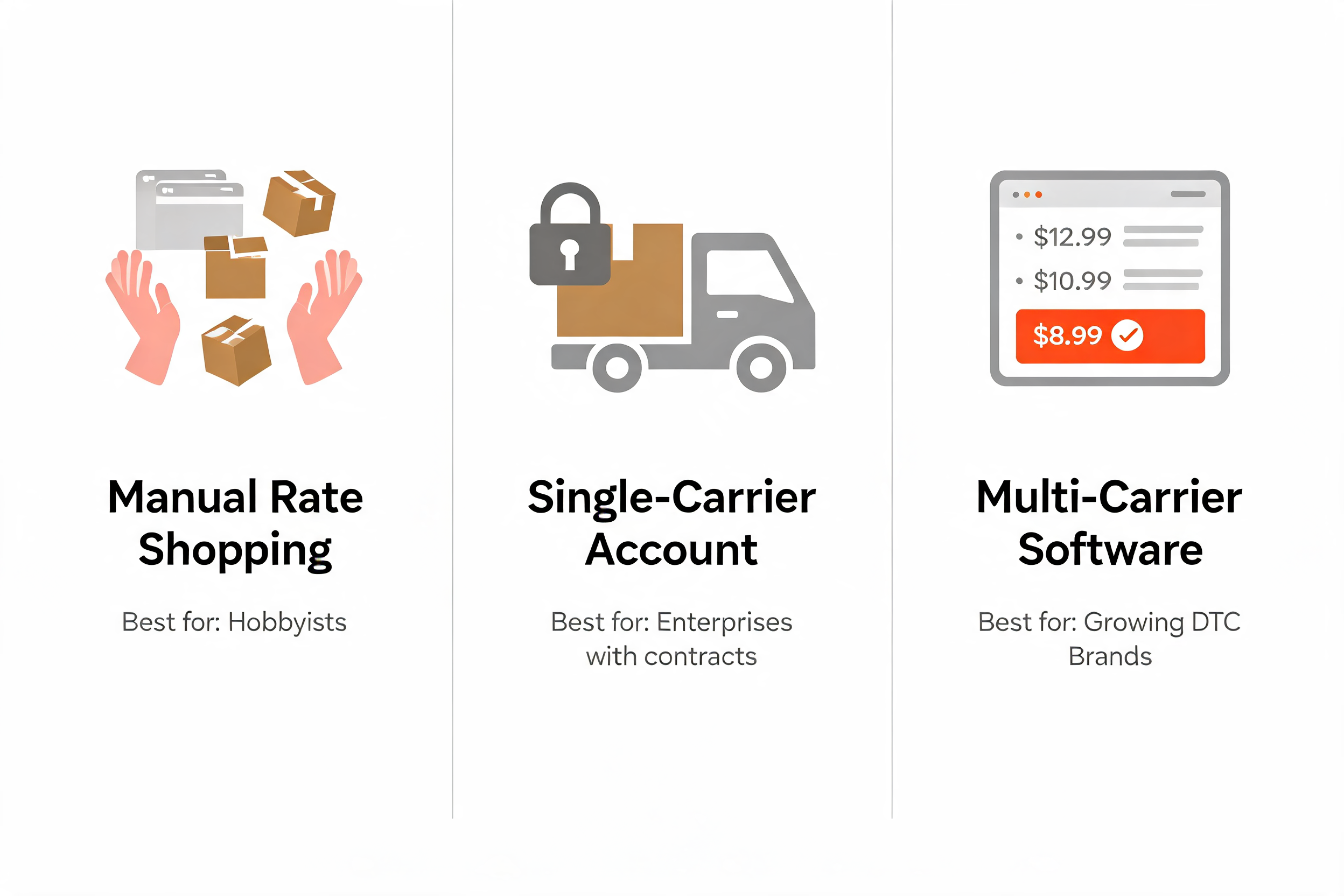 Three-panel infographic comparing manual, single-carrier, and multi-carrier rate comparison methods