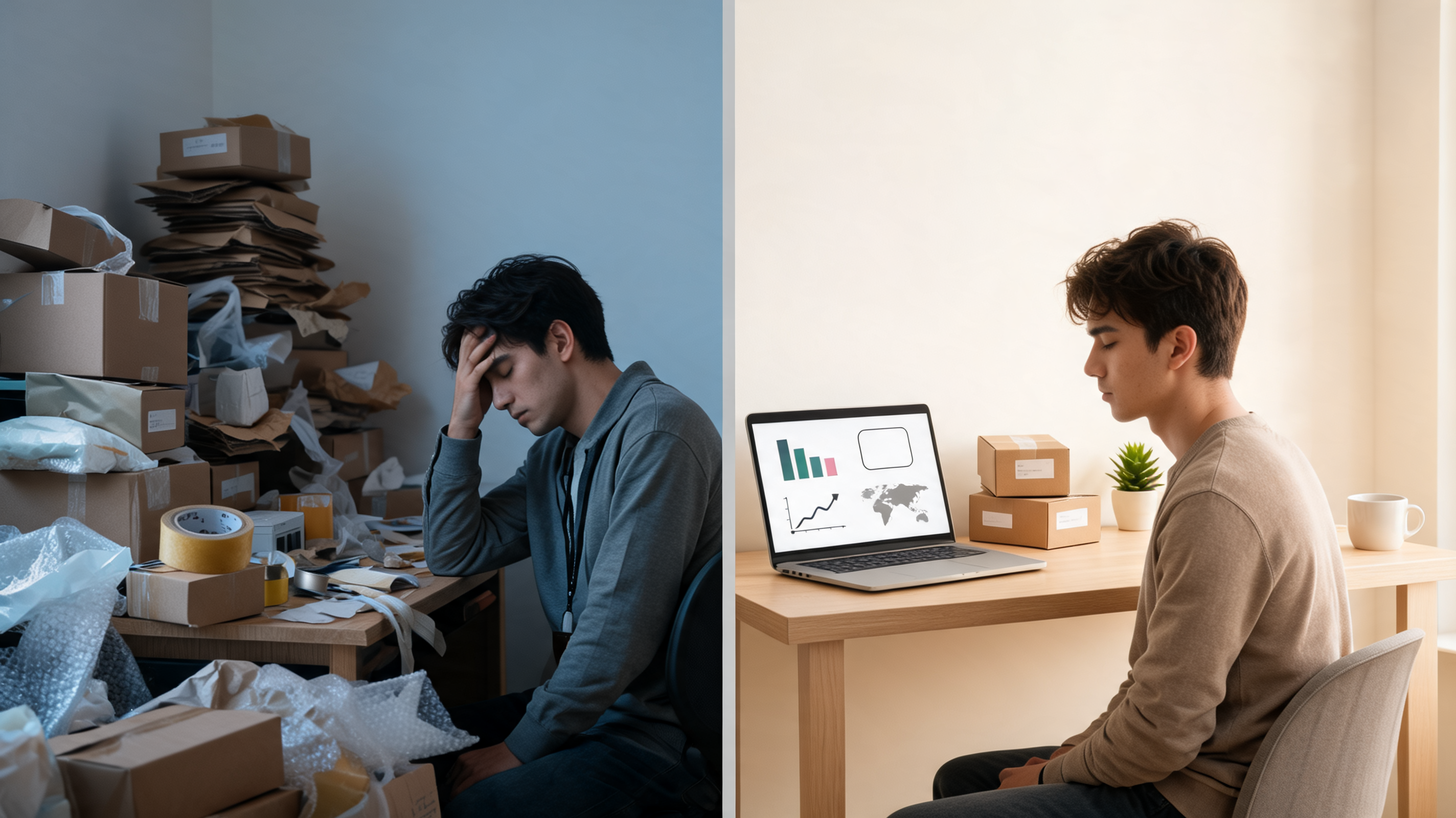 Split image of a chaotic Etsy packing desk on the left and a calm, organized shipping workspace with a laptop dashboard on the right