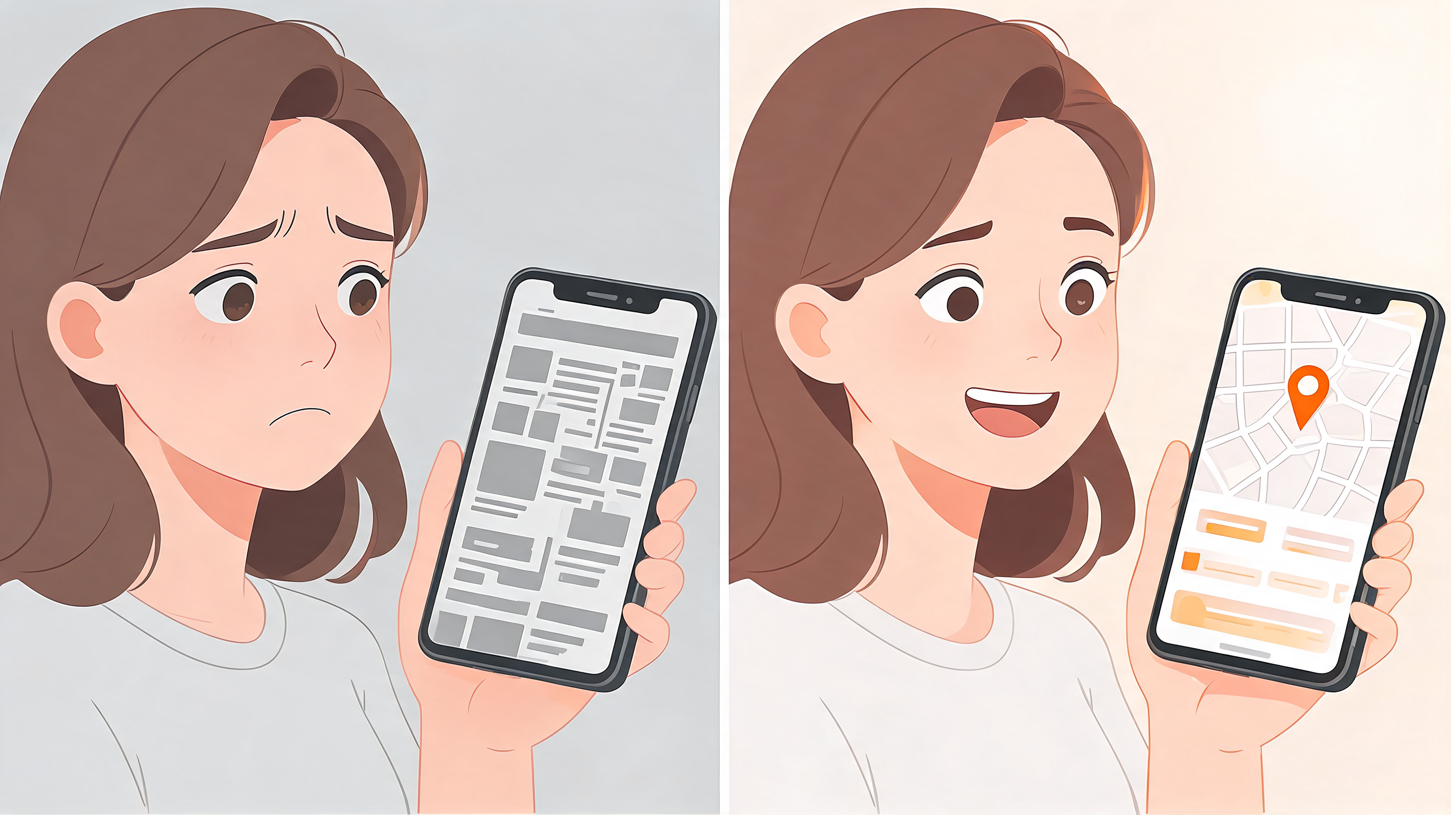 Split illustration contrasting a frustrating generic tracking page with a clean branded AfterShip tracking page.
