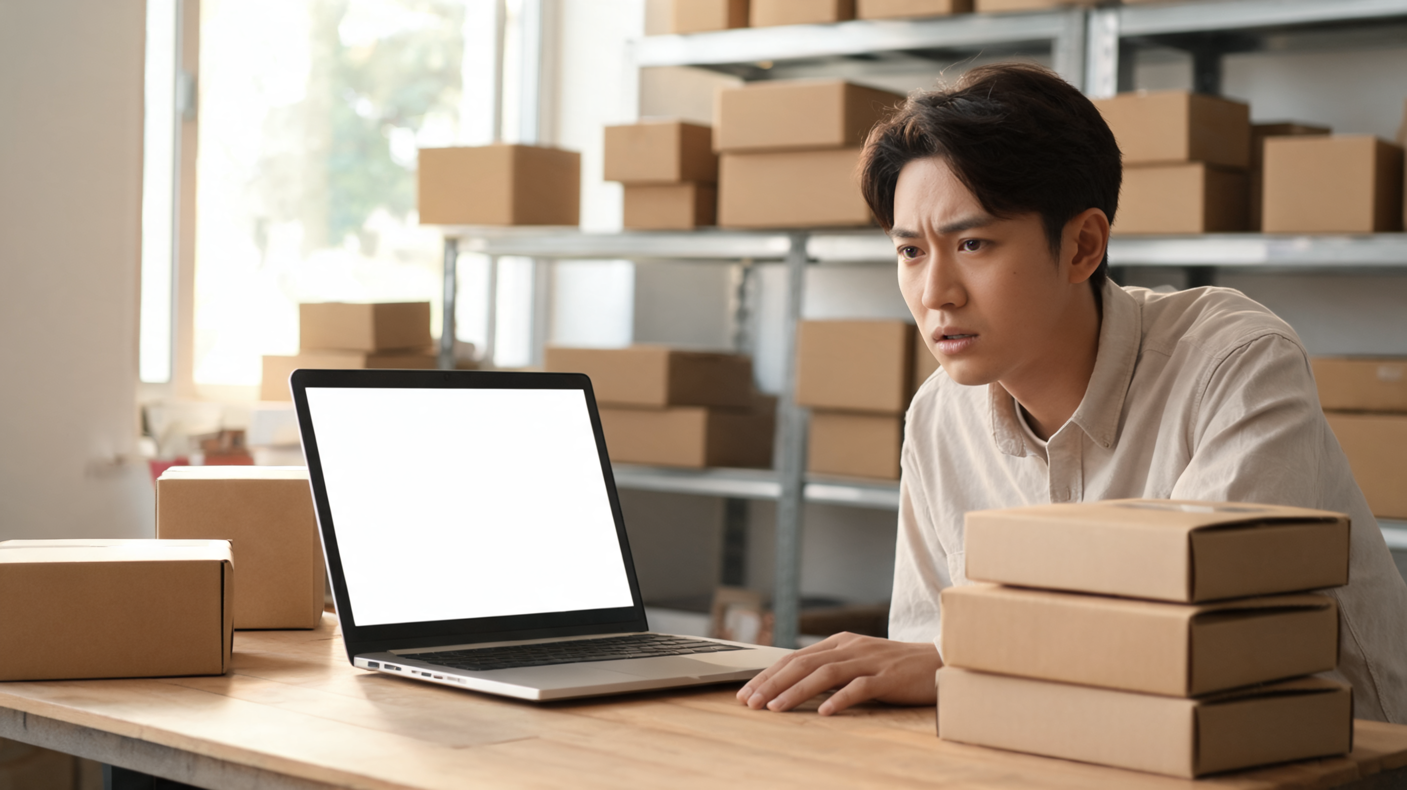 An e-commerce founder in a stockroom looking stressed at a laptop, surrounded by shipping boxes, a visual metaphor for outgrowing a basic shipping tool