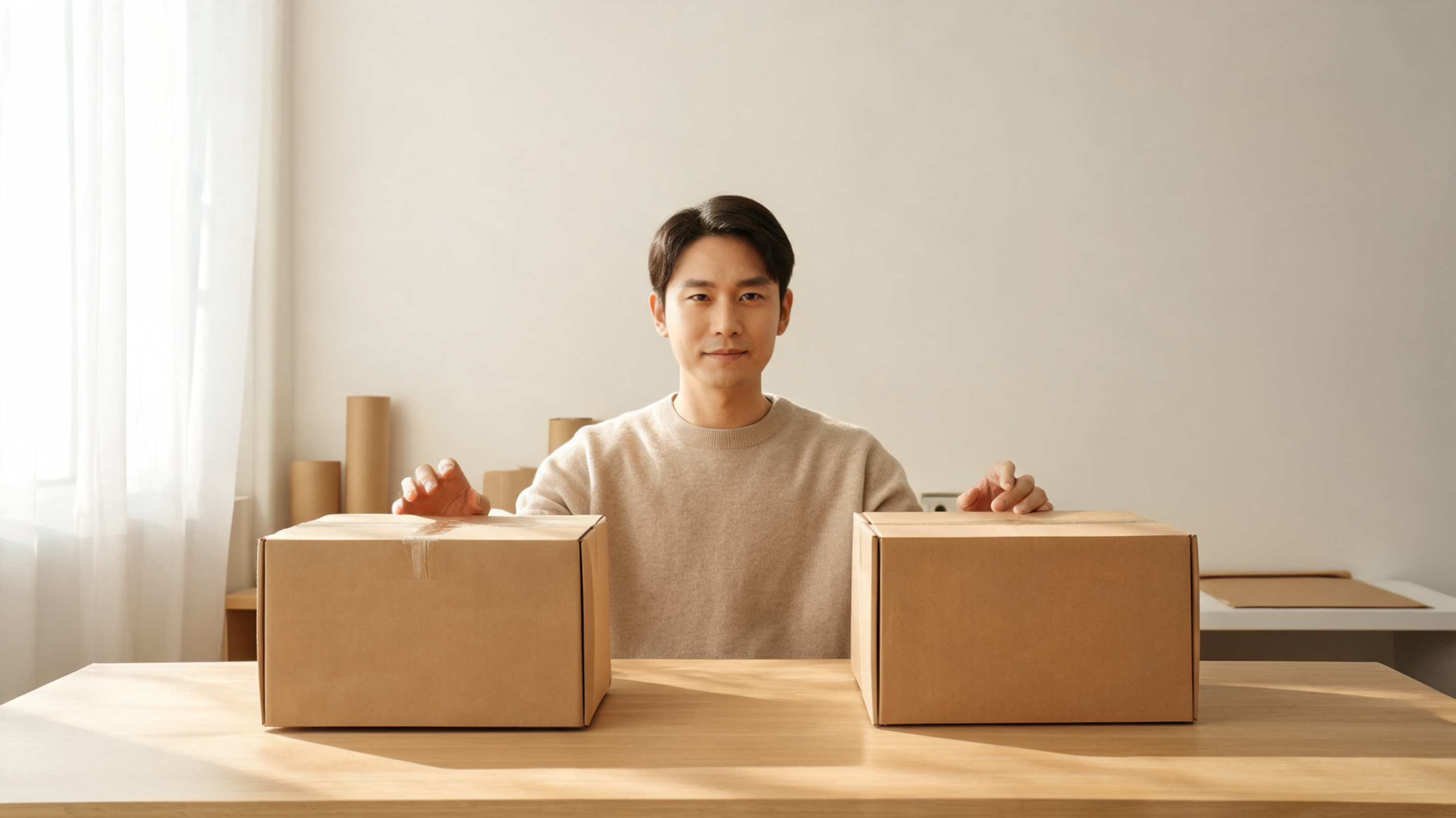 A small e-commerce store owner at a tidy packing station calmly comparing two ready-to-ship parcels