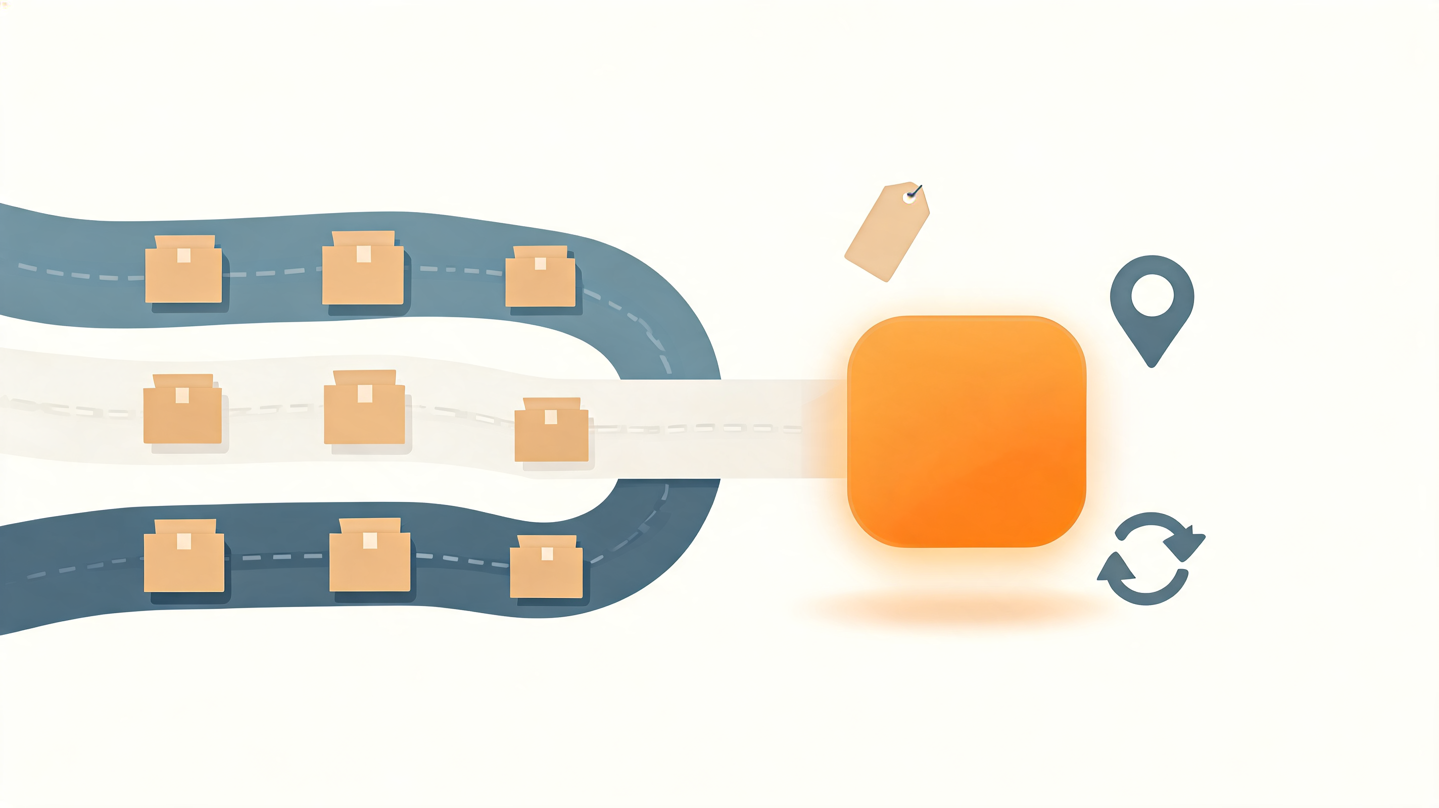 Three shipping lanes merging into one all-in-one platform with label, tracking, and returns icons