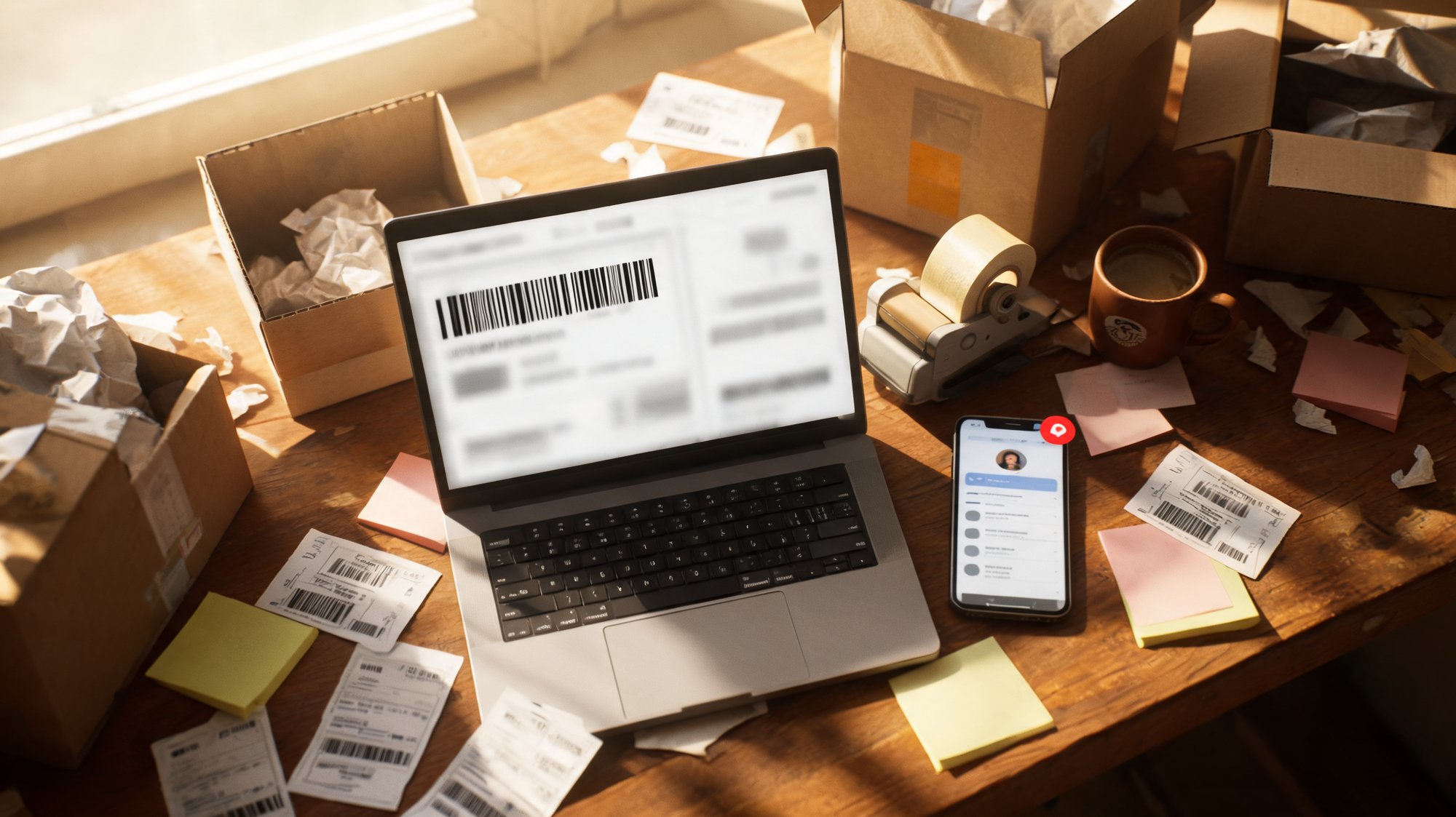 Overwhelmed ecommerce merchant at a cluttered desk juggling a shipping label app, an angry customer email on a phone, and stacks of boxes