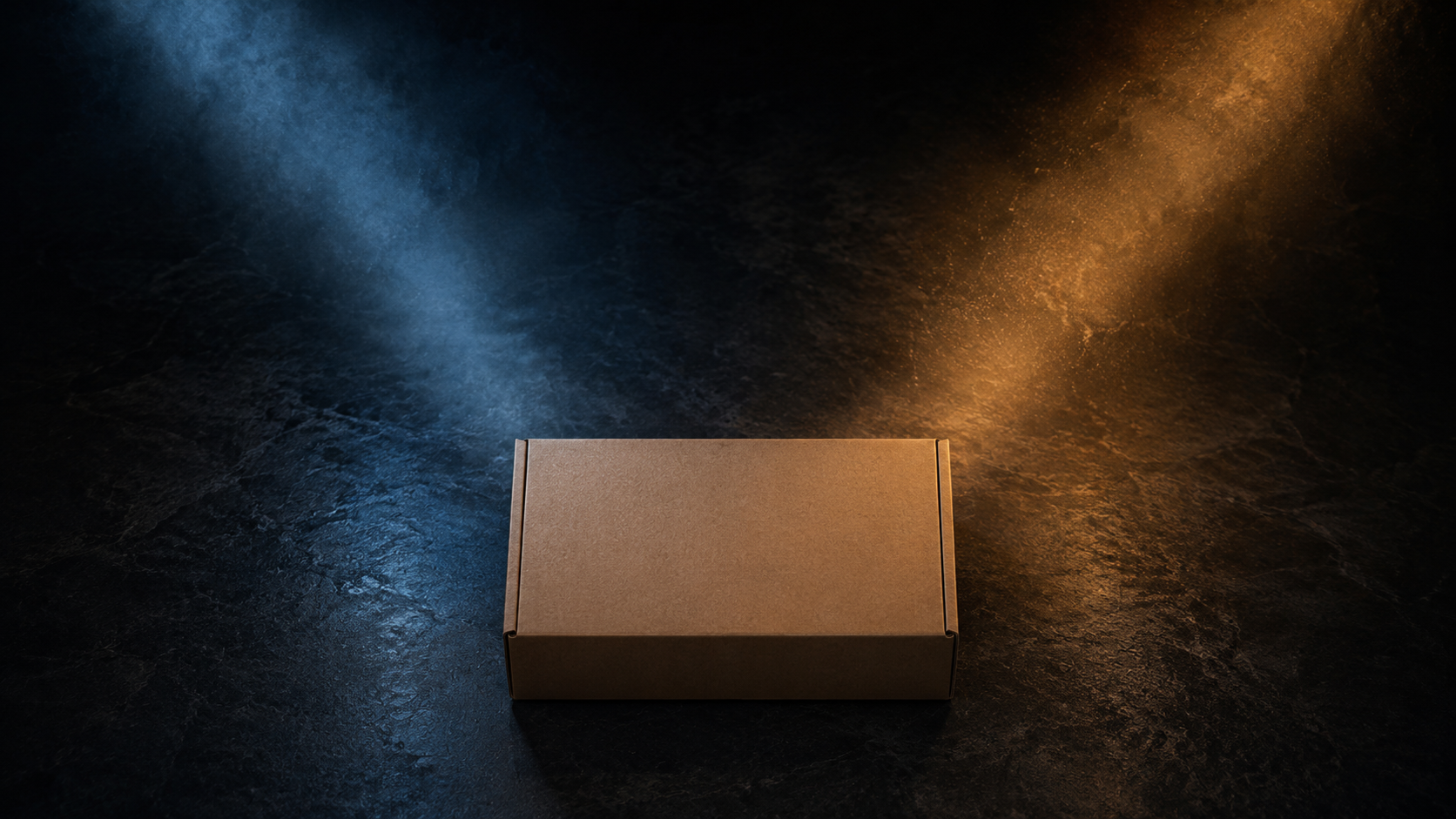 ActiveCampaign vs Emarsys: kraft package lit by diverging blue and amber light beams on dark slate.