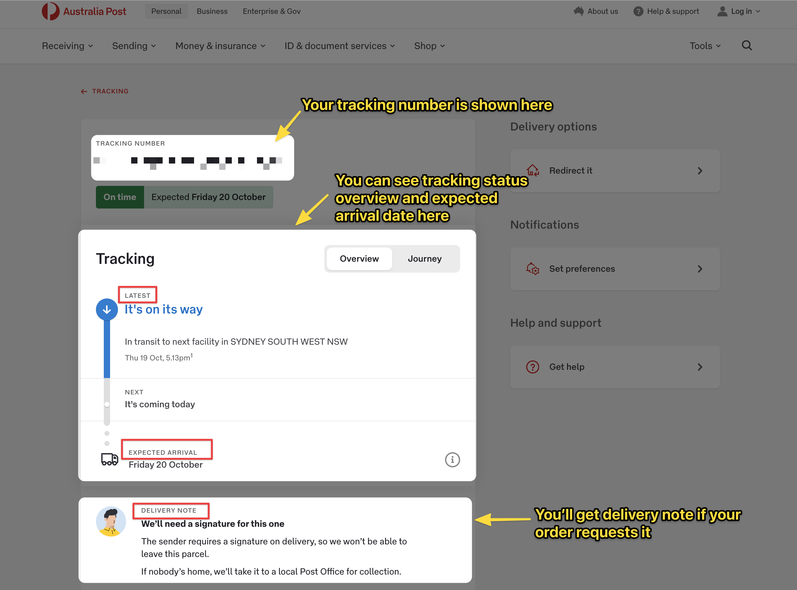 Ini adalah tangkapan layar yang diambil di halaman status pelacakan auspost.
