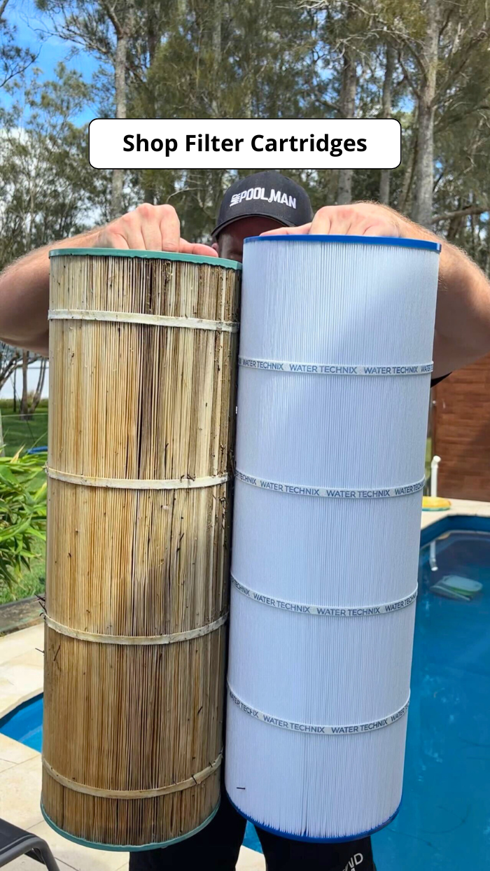 A person holding two pool filter cartridges, one dirty and the other clean, next to a pool. Text reads "Shop Filter Cartridges."