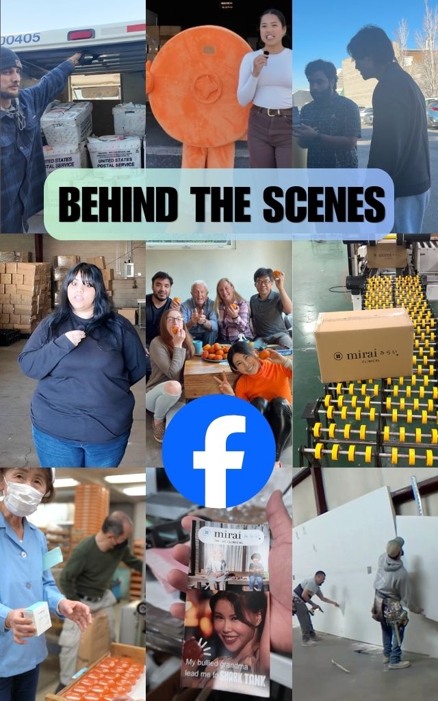 ```html
<img src="image.jpg" alt="Collage of behind-the-scenes images featuring people working, packaging products, and performing various tasks. Includes a Facebook logo and a box labeled 'Mirai Clinical.'">
```