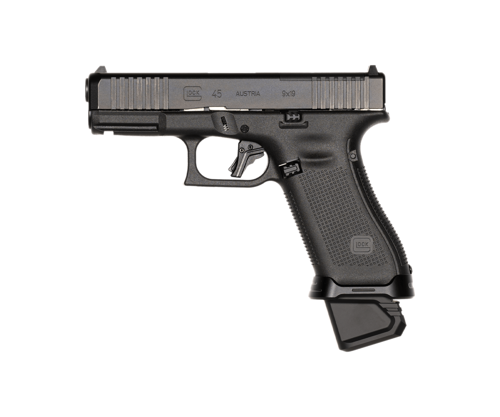 Glock 45 semi-automatic pistol in 9x19mm, black polymer frame with textured grip and extended magazine, side profile view.