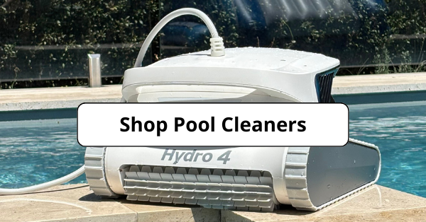 Robotic pool cleaner, labeled Hydro 4, sits at the edge of a swimming pool, with a "Shop Pool Cleaners" label overlay.