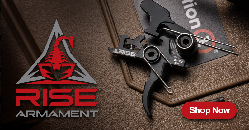 Image of a RISE Armament trigger assembly on a textured surface, featuring the RISE Armament logo with a red scorpion, and a "Shop Now" button in the bottom right corner.