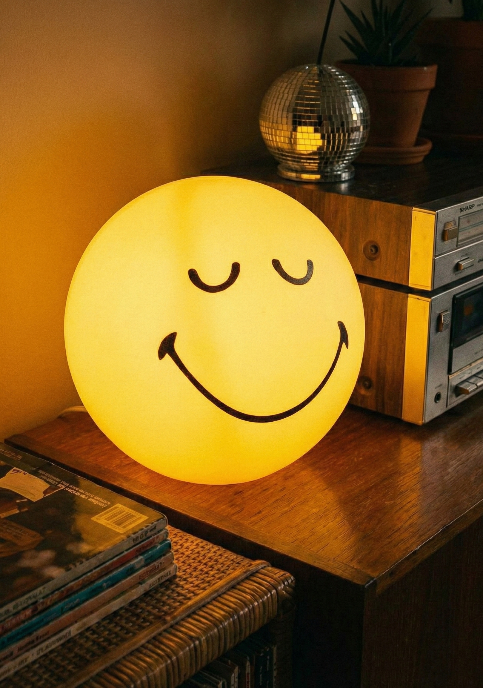 ```html
<img src="image.jpg" alt="A glowing smiley face lamp with closed eyes on a wooden table, next to a stack of magazines, a small disco ball, and a stereo system." />
```