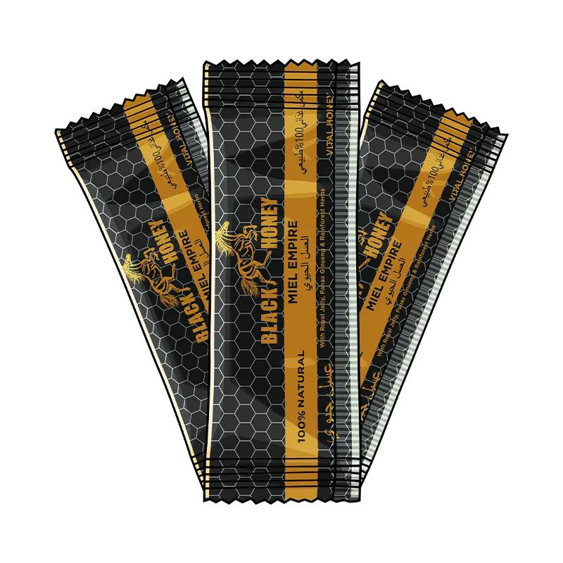 ```html
<img src="image.jpg" alt="Three sachets of Black Honey Miel Empire, featuring a hexagonal pattern and labeled as 100% natural in black and gold packaging." />
```