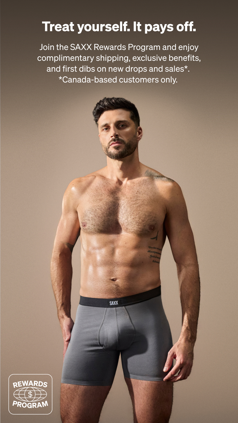 ```html
<img src="image.jpg" alt="Man in gray SAXX boxer briefs standing against a neutral background, promoting the SAXX Rewards Program with text about benefits for Canada-based customers." />
```