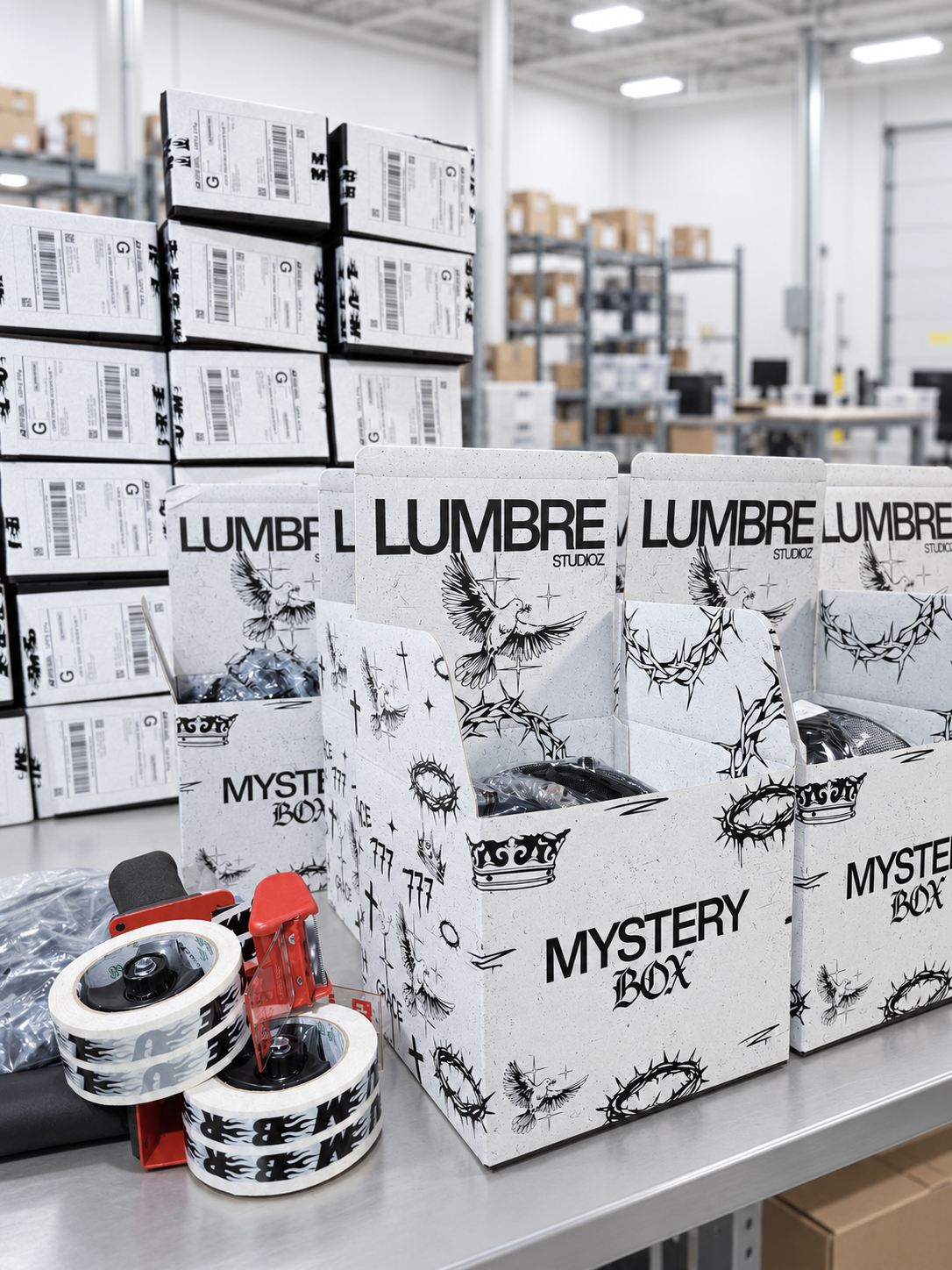Lumbre Studioz Mystery Box packages on a warehouse table with tape dispensers, surrounded by stacked shipping boxes.