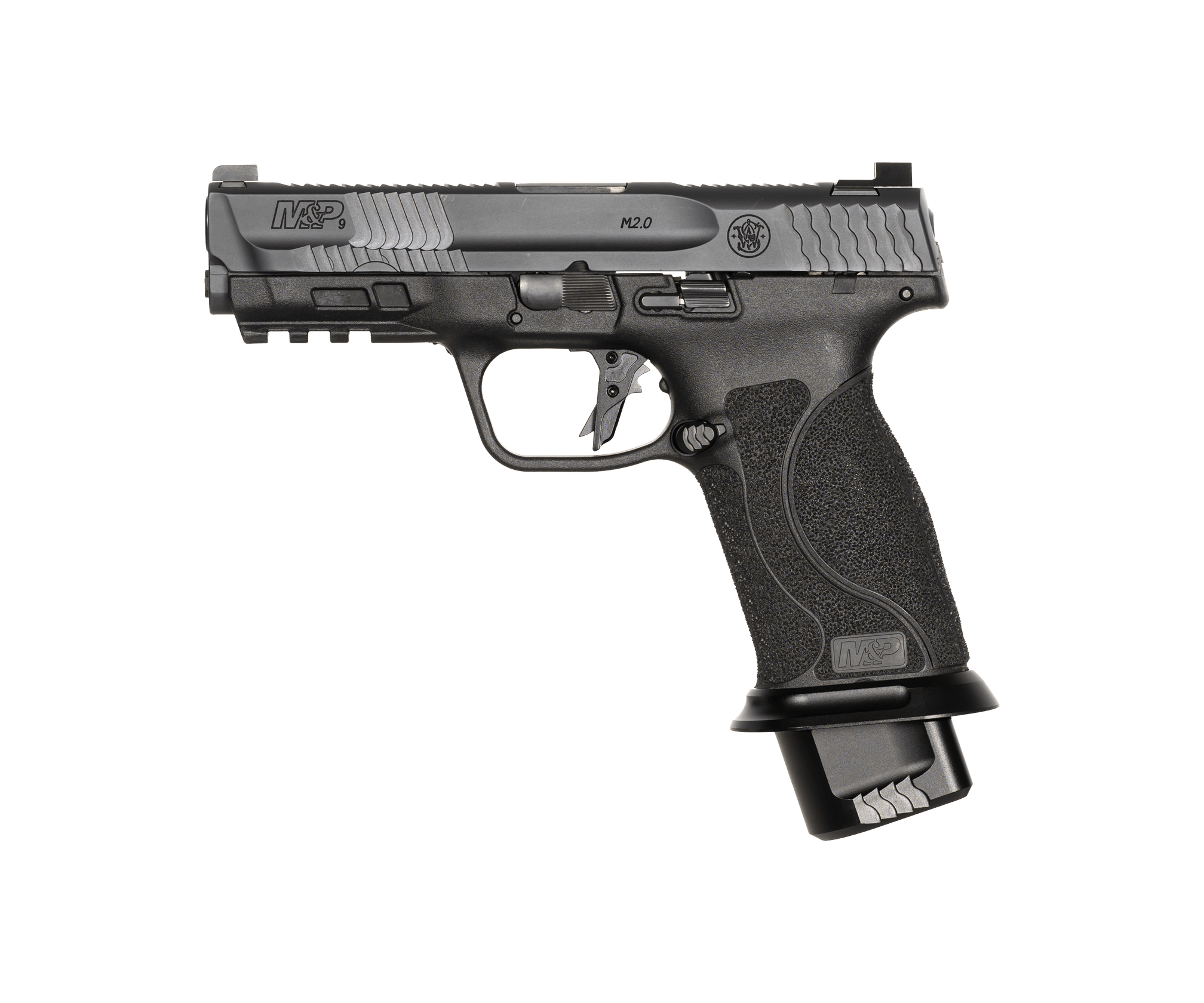 Smith & Wesson M&P9 M2.0 semi-automatic pistol in black, shown in profile view on white background
