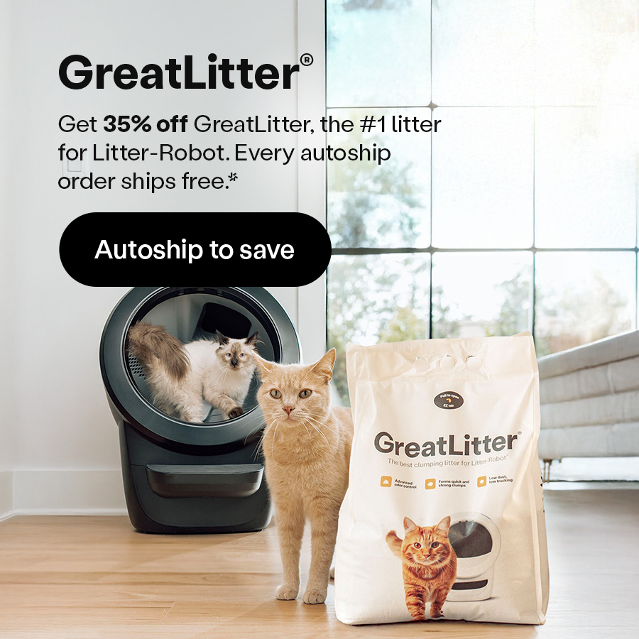 ```html
<img src="image.jpg" alt="Advertisement for GreatLitter featuring a cat, a Litter-Robot, and a bag of GreatLitter. Text offers 35% off with autoship." />
```