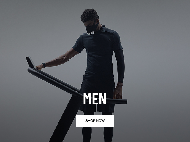 A man in athletic wear stands on a treadmill, with a blurred face. The text "MEN" and "SHOP NOW" appears over the image.