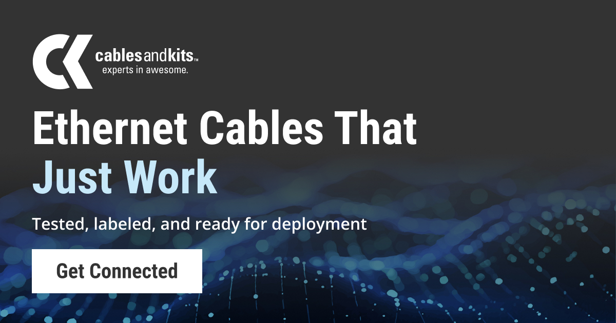 CablesAndKits advertisement for Ethernet cables with "Get Connected" call-to-action button on dark background with blue network visualization