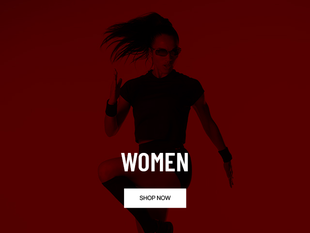 Silhouette of a woman jumping with blurred face, wearing a black outfit on a red background, with "WOMEN" and "SHOP NOW" text overlay.
