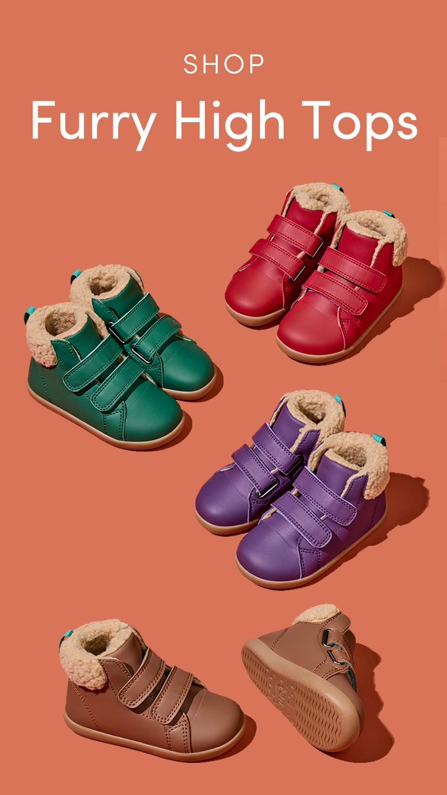 Promotional image of children's furry high-top shoes in green, red, purple, and brown, with velcro straps on a peach background.
