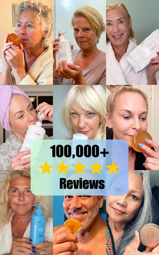 ```html
<img src="image.jpg" alt="Collage of people holding skincare products, including bottles and wipes. Text in the center reads '100,000+ Reviews' with star ratings.">
```