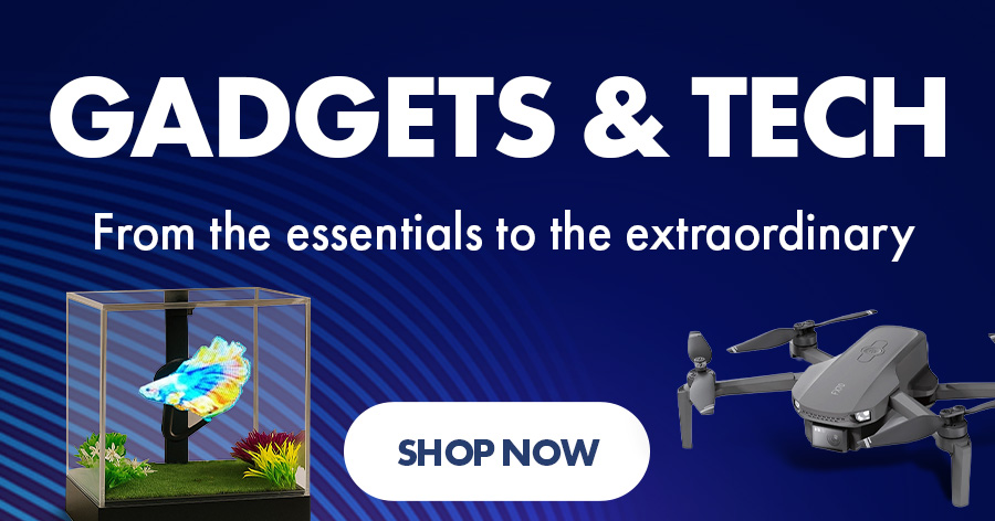 ```html
<img src="image.jpg" alt="Advertisement for gadgets and tech products featuring a fish lamp and drone. Text reads 'Gadgets & Tech: From the essentials to the extraordinary. Shop Now.'">
```