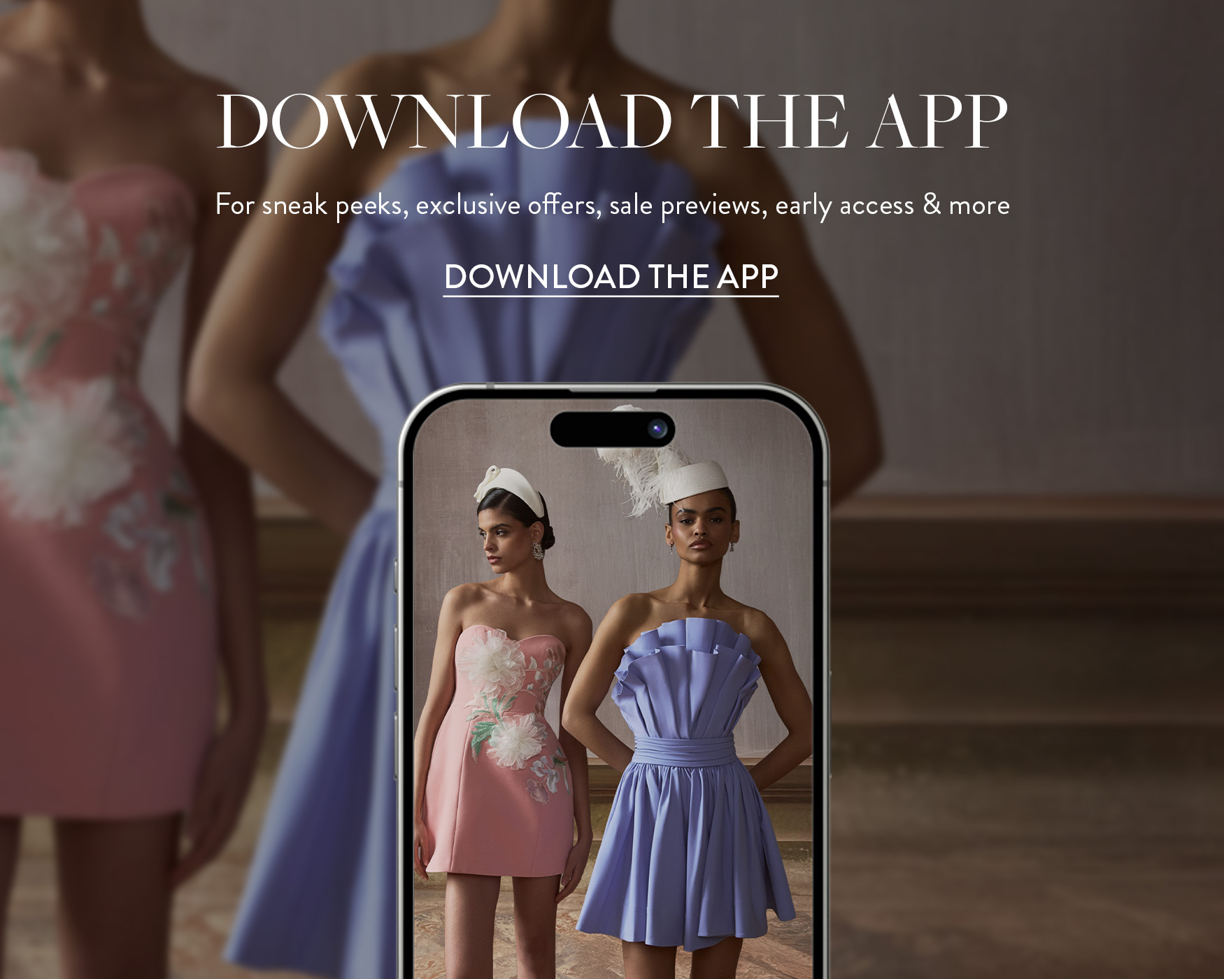 ```html
<img src="image.jpg" alt="Promotional image for a mobile app featuring two women in stylish dresses, one pink with floral patterns and the other blue, with blurred faces and a download button." />
```