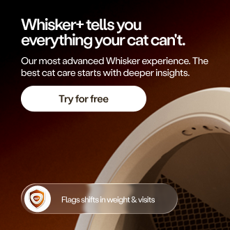 Whisker+ advertisement showing a smart cat litter box with text promoting advanced cat health monitoring features and a free trial offer.