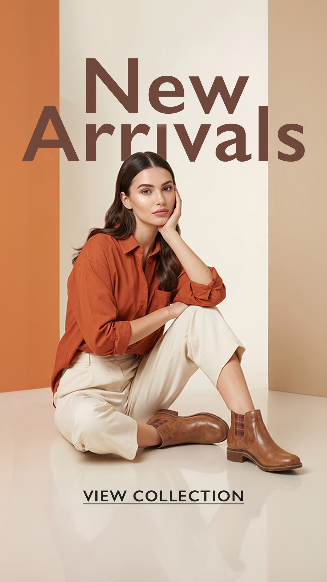 Fashion ad featuring a woman seated in an orange shirt, cream trousers, and brown Chelsea boots, with "New Arrivals" text overlay.