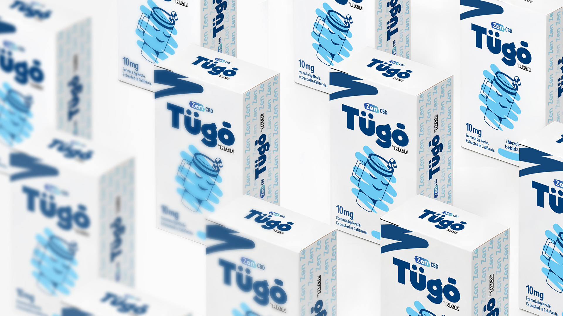 Multiple white boxes of Tügo Zen CBD 10mg product by Necte, featuring blue branding and cartoon cup illustration