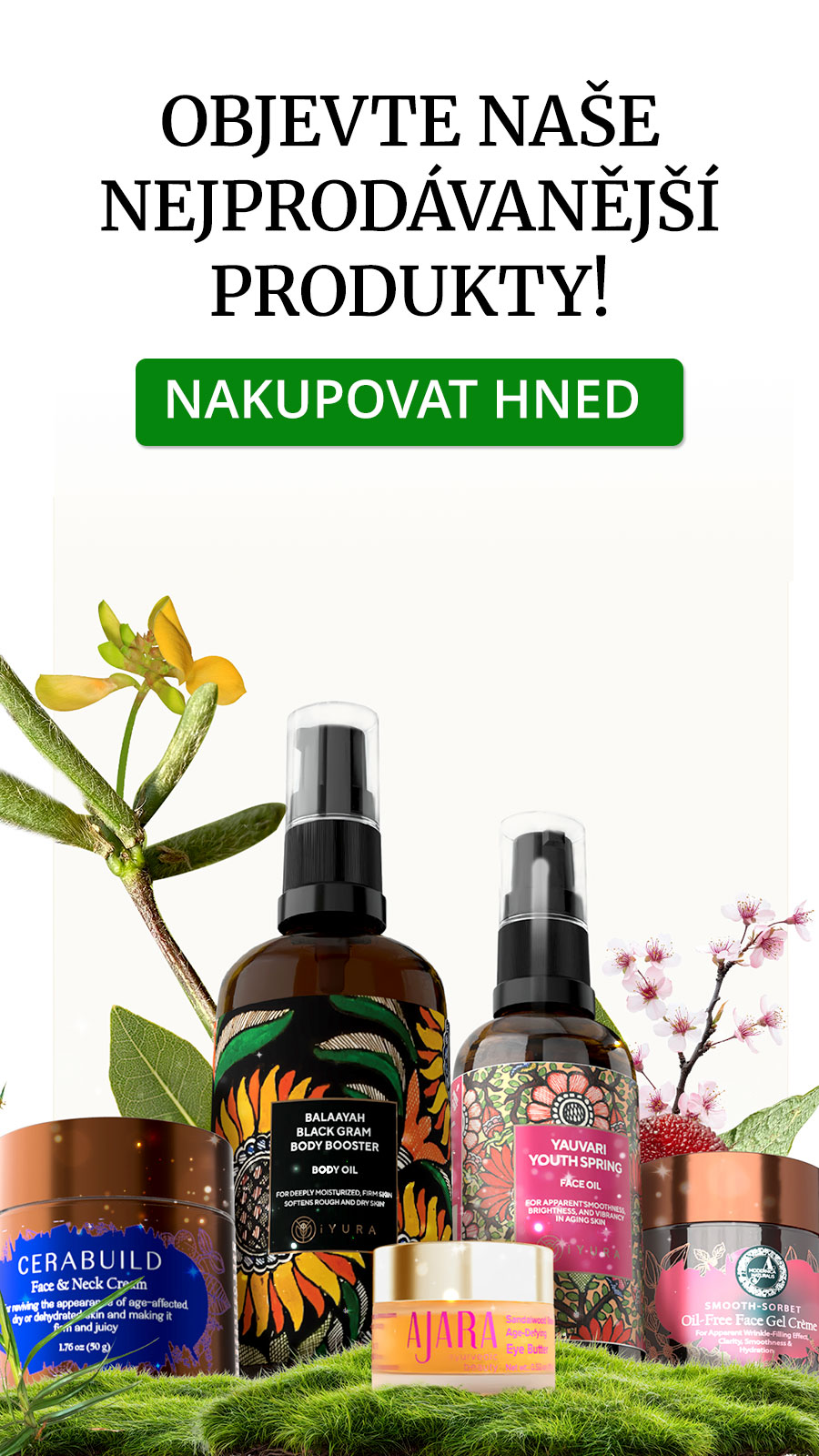 Image of skincare products with floral designs on bottles and jars displayed on a grassy surface. Czech text reads "Objevte naše nejprodávanější produkty! Nakupovat hned," meaning "Discover our best-selling products! Shop now."