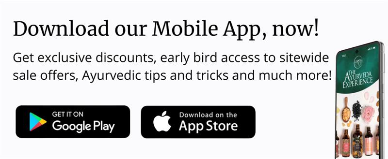 Promotional banner for The Ayurveda Experience mobile app with Google Play and App Store download buttons.