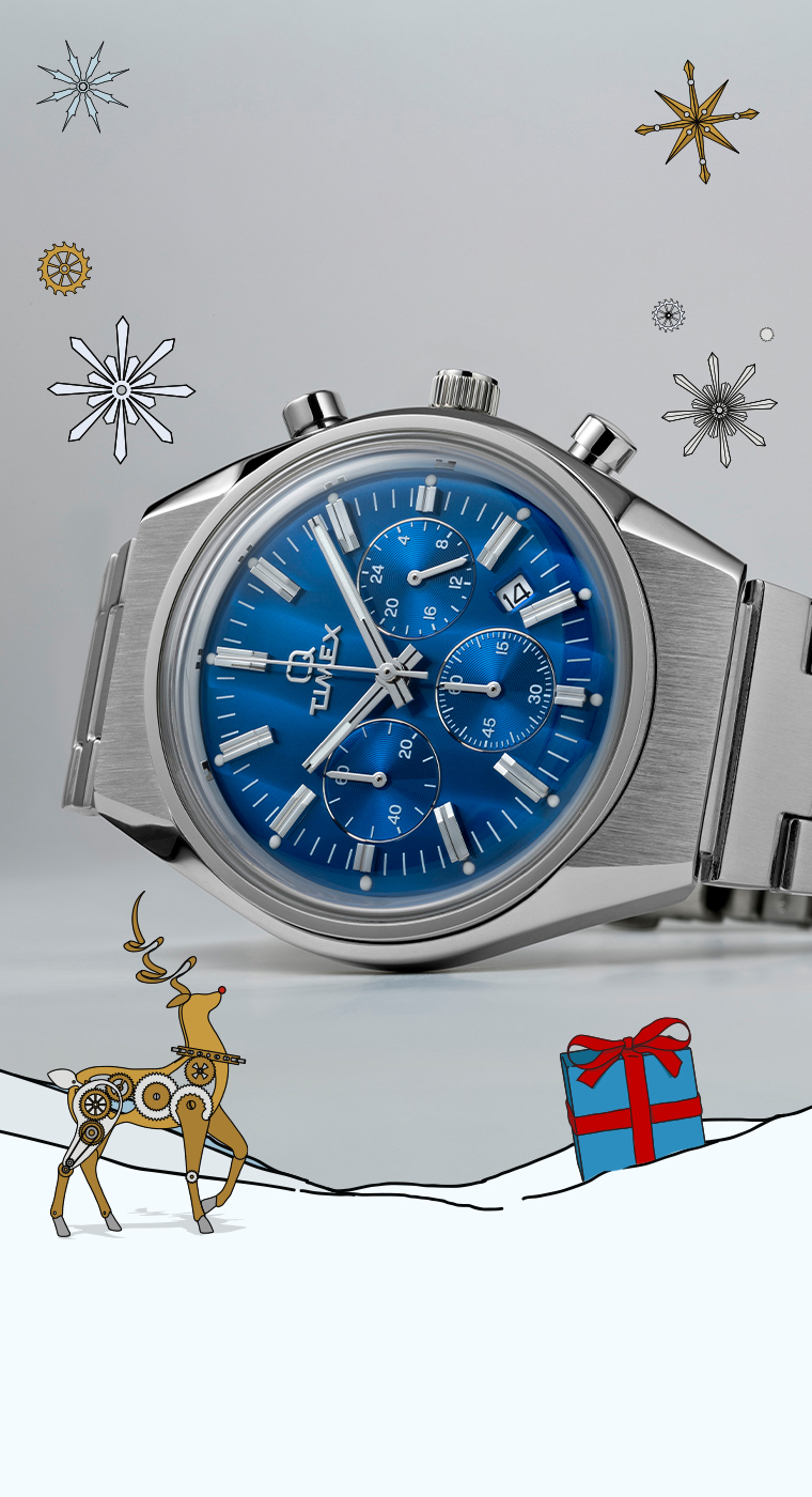 Silver wristwatch with a blue dial and chronograph features, surrounded by festive illustrations including stars, a mechanical reindeer, and a wrapped gift box.