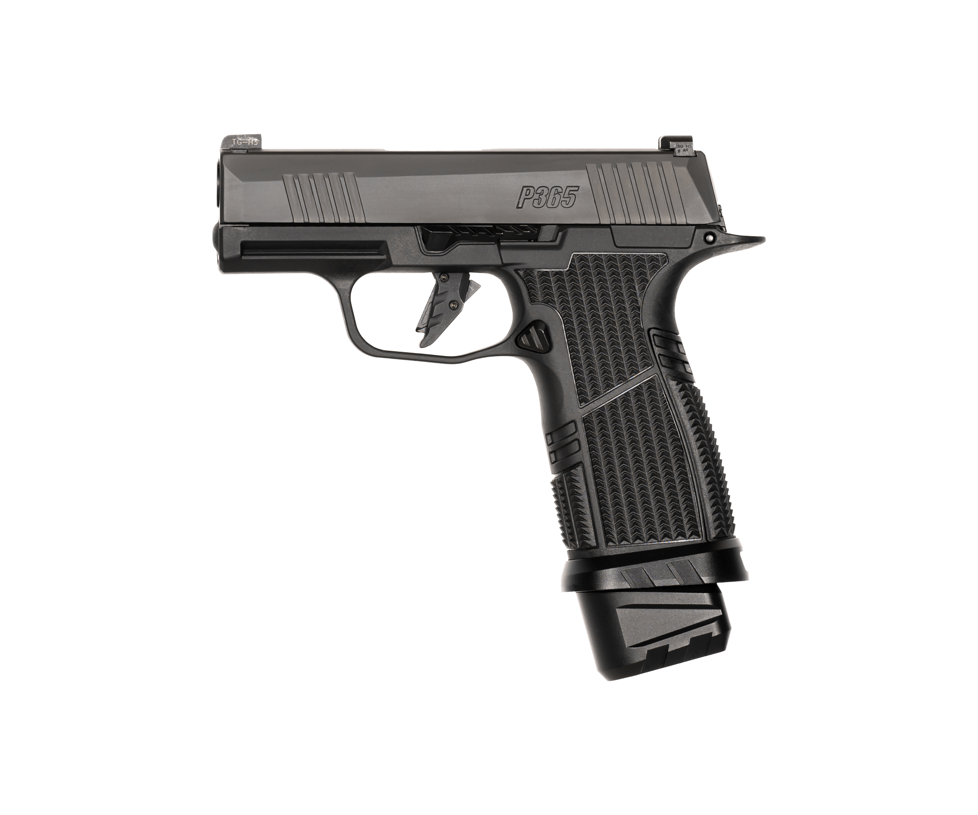 Black SIG Sauer P365 compact semi-automatic pistol with textured grip and extended magazine, shown on white background.
