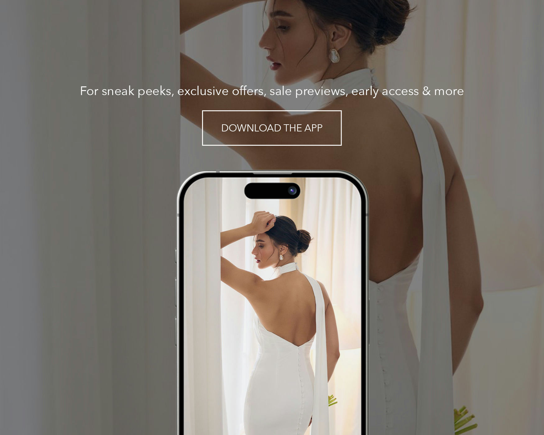 Woman in white backless dress displayed on smartphone screen with app download promotional banner
