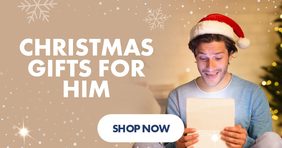 A person wearing a Santa hat holds a glowing gift box beside text reading "Christmas Gifts for Him." A "Shop Now" button is visible.