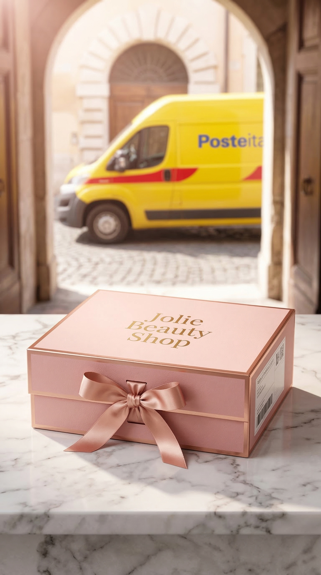 A pink gift box labeled "Jolie Beauty Shop" with a bow on a marble surface. A yellow Posteitaliane van is visible outside through an open door.
