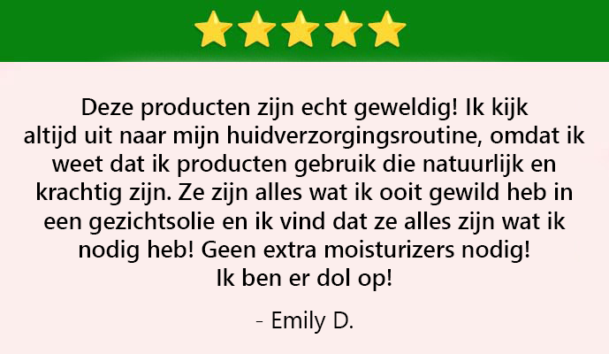 ```html
<img src="image.jpg" alt="Five-star review praising skincare products. Reviewer Emily D. loves the natural and powerful qualities, noting no need for extra moisturizers." />
```