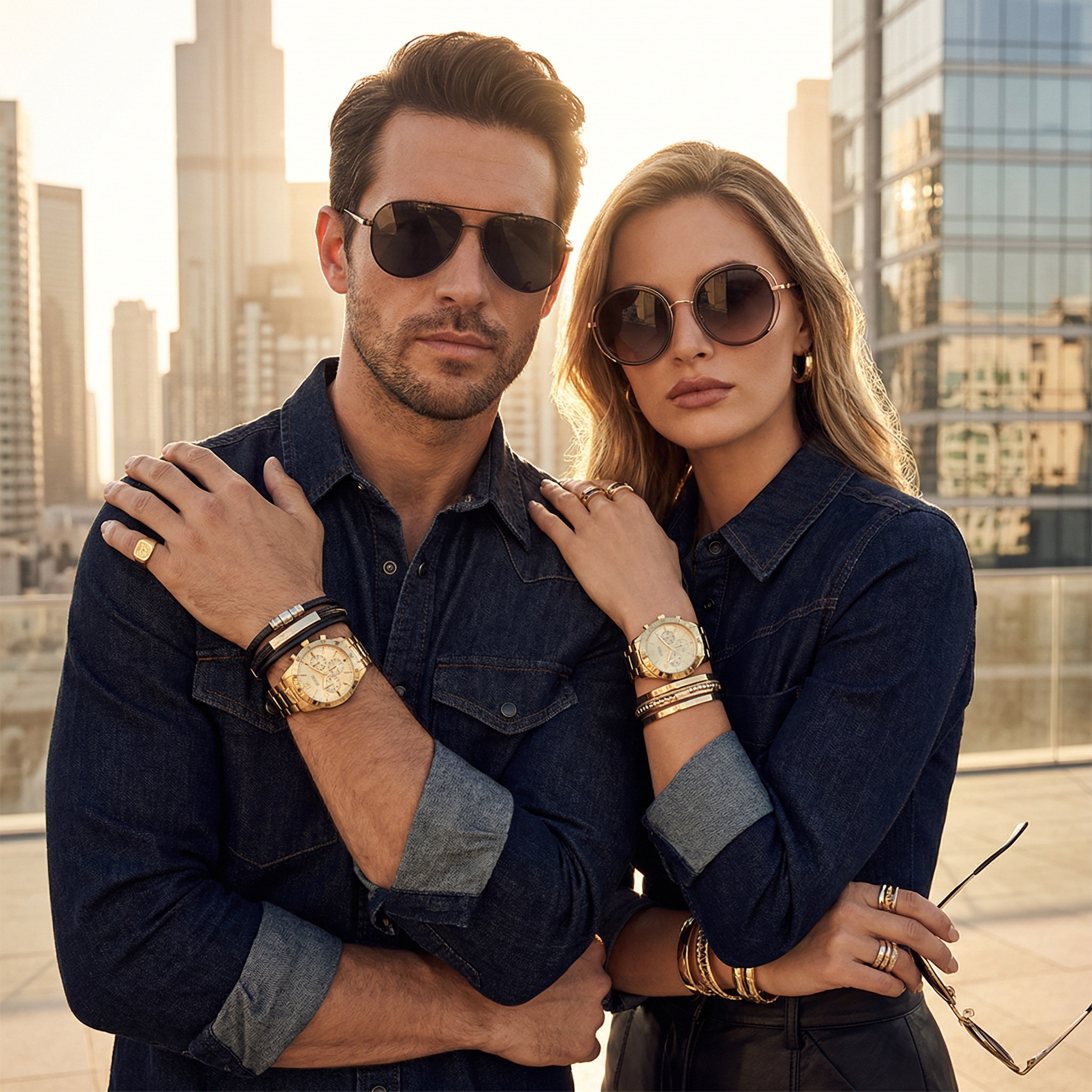 ```html
<img src="image.jpg" alt="Two people wearing denim shirts, gold watches, and jewelry, standing in a cityscape with tall buildings in the background." />
```
