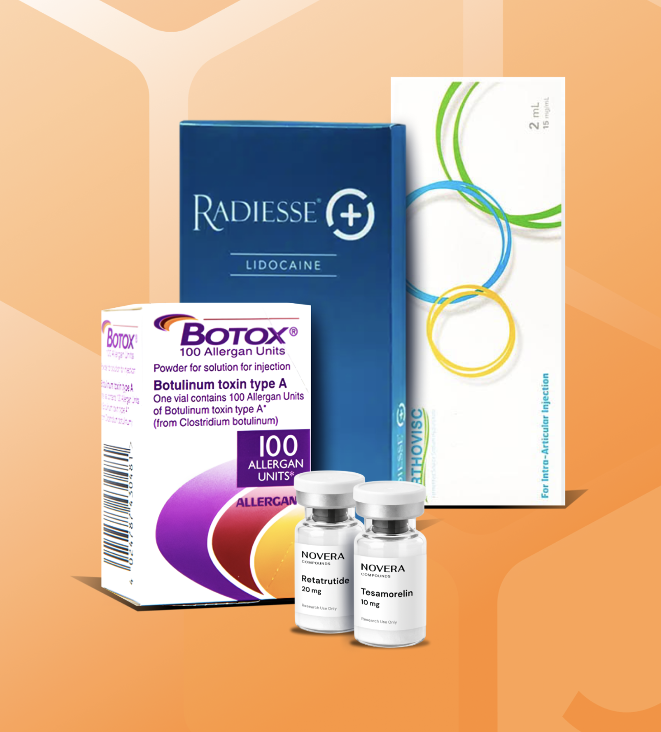 Pharmaceutical products including Botox 100 Allergan Units, Radiesse Lidocaine filler, Orthovisc injection, and Novera Compounds vials on orange background