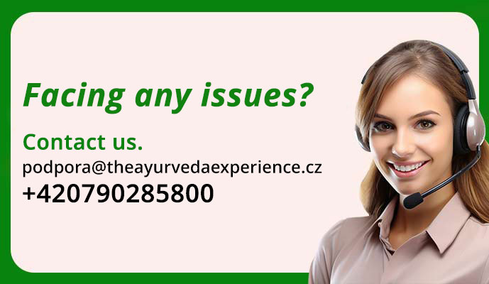 A customer service advertisement featuring a blurred face of a woman wearing a headset. Text on the image provides contact details for support: "podpora@theayurvedaexperience.cz" and "+420790285800".