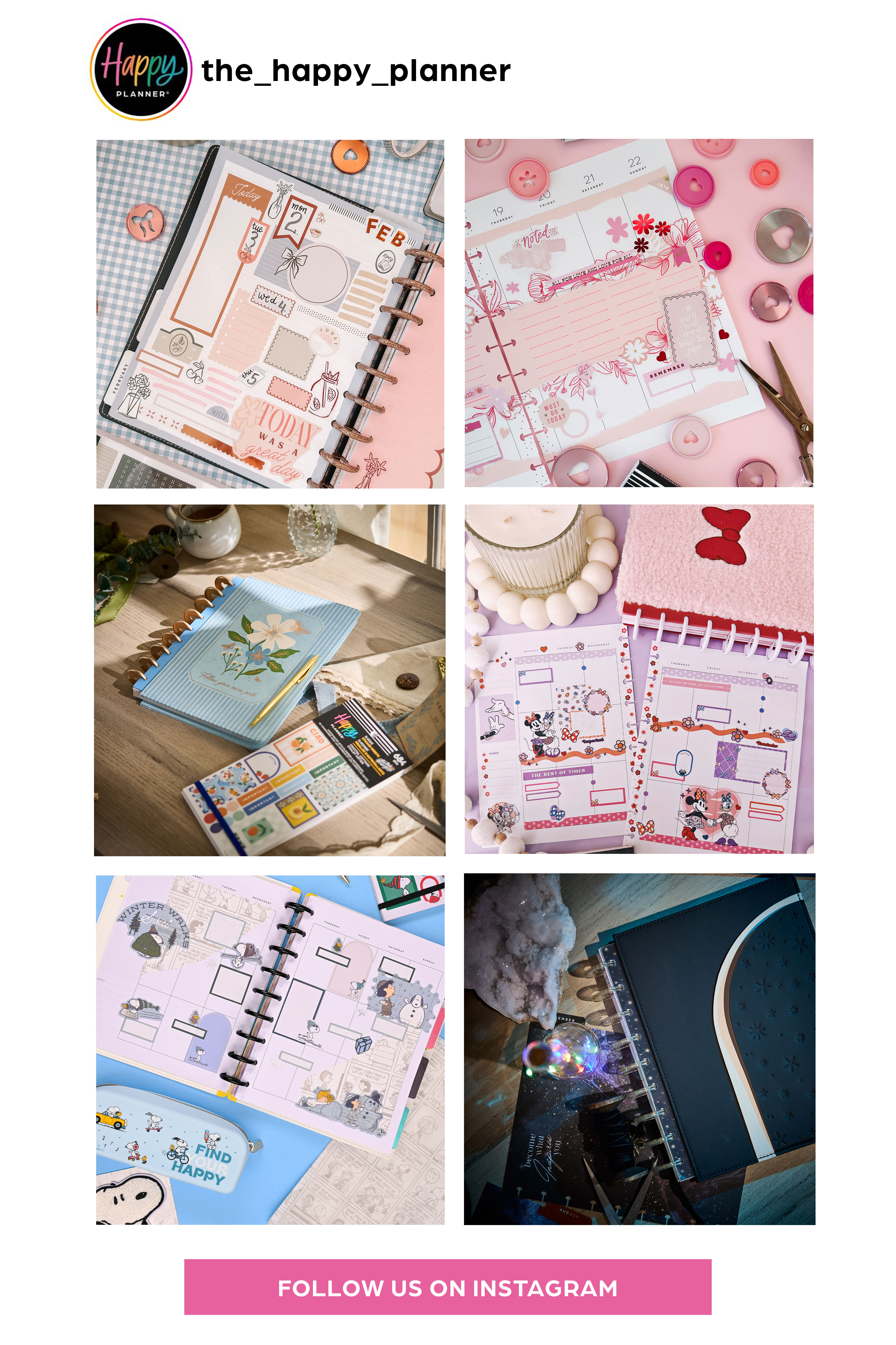 ```html
<img src="image.jpg" alt="Collage of planner pages with various designs, including floral, cartoon characters, and decorative buttons. Includes a 'Follow us on Instagram' banner." />
```